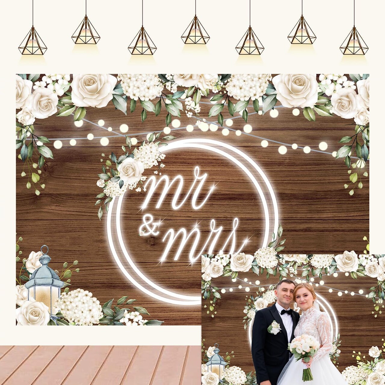 White Rose Wedding Backdrop for Reception Mr and Mrs Banner Bridal Shower Engaged Party Decorations Backdrop for Wedding Glitter Lights Floral Wooden Wedding Banner 7x5Ft